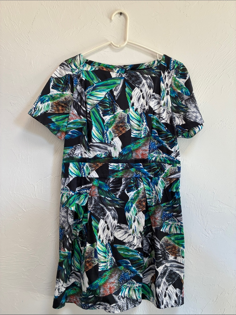 French Connection Black Dress with Green & White Feather Print